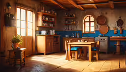 a kitchen with blue walls and wood furniture,a rustic country kitchen is shown here