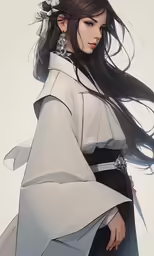 a girl with long hair and a cape
