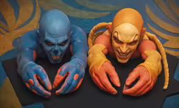 two cartoon figures with one holding the hands and the other looking at the camera