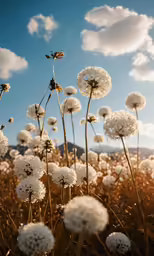 dandelions blowing in the wind with the sun shining behind them