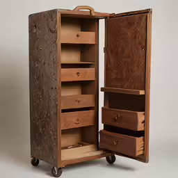 a wooden open storage cabinet with five drawers