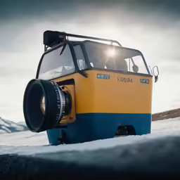 a polaroid camera with snow in the background