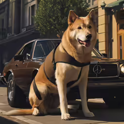 a dog that is sitting next to a car