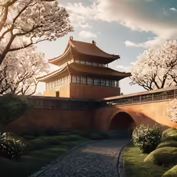 an oriental building sitting on top of a wall