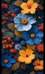 an iphone photo of flowers with yellow, blue, and red leaves