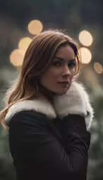 a woman wearing black leather and fur collar