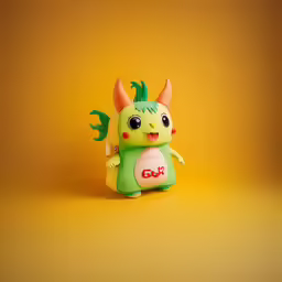 a small green monster stuffed animal on a yellow background