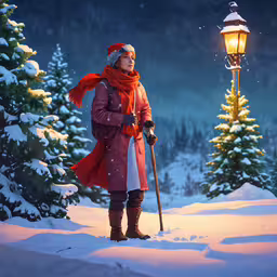 a woman standing on top of a snow covered ground,the female skier stands by the street light in the snow