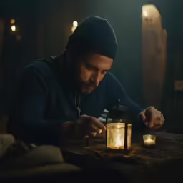 man preparing a lantern for use in his home