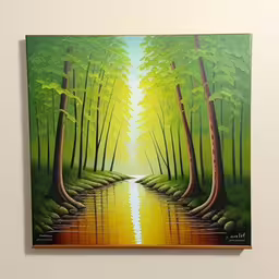 a painting hanging on a wall with a painting of a path in the woods,an painting on the wall shows a green forest with water running through the trees,a painting of a forest and a river,the large painting is hanging on the wall,a painting of a painting of a swamp