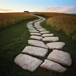 the path is made from stones that is in the middle of the grass