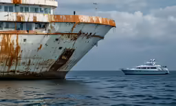 a boat is traveling in the water with an old rusty structure