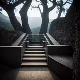 some stairs and a staircase surrounded by trees