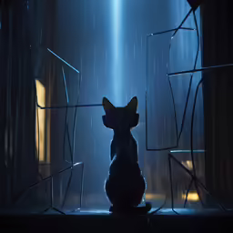 a small cat sits in front of the light at night