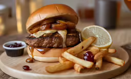 a burger with cheese, tomato, onion and bacon with french fries