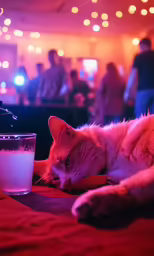 a cat sits next to a glass of water