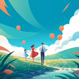 a painting of a man and woman walking in a landscape
