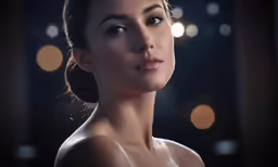 a woman is standing in the dark with a bright background