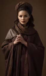 a woman wearing a brown dress and scarf