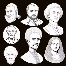 a series of five portraits of people in different races and ages,several types of presidents and some other people,various heads of different people with long hair,the four presidents are in the middle of an illustration,black and white portrait of 6 politicians by jonnebrott
