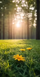 a grassy field that has a number of yellow flowers in it