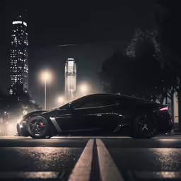 a dark car parked at night on the side of a road