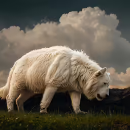 a big furry white animal standing next to a fallen tree