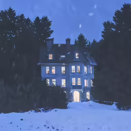 a house lit up at night with snow on the ground