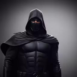 the man in the black costume is wearing a mask and a hood