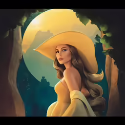 a cartoon style woman in yellow dress with yellow hat