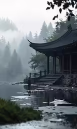 a pagoda sits in the middle of the water