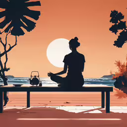 a silhouette of a person meditating in a treed setting,a person doing yoga at a table on the beach