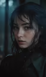 a woman standing in the rain wearing a green jacket