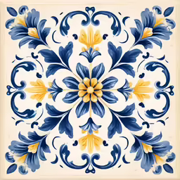 a blue and white tile with yellow flowers on the bottom