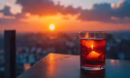 a glass with something in it and sunset
