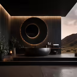 a room with a tub and a huge round mirror