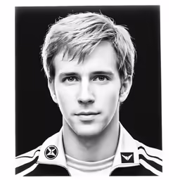 the black and white photo shows a male with long hair