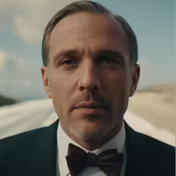 a man with a bow tie standing in a desert road