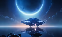 an abstract blue space scene with a giant star in the sky and a floating planet