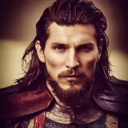 a man with long hair and beard wearing armor