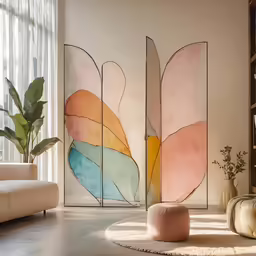 a living room with colorful artwork on the wall