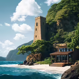 a beach side with a building in the middle