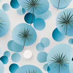 many blue and white circles with plants sticking out of them