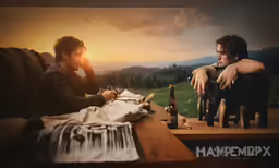 two people sit at a table together, with bottles of beer and paper on it