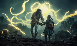 a child holds hands with the person in the background
