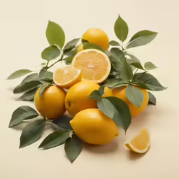 a bunch of lemons are shown next to leaves