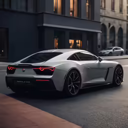a white sports car driving down a city street