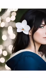 a woman with dark hair is wearing a flower clip