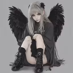 an image of a goth angel with white hair sitting on the floor