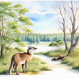 a painting of a deer and a boar in a grassy field